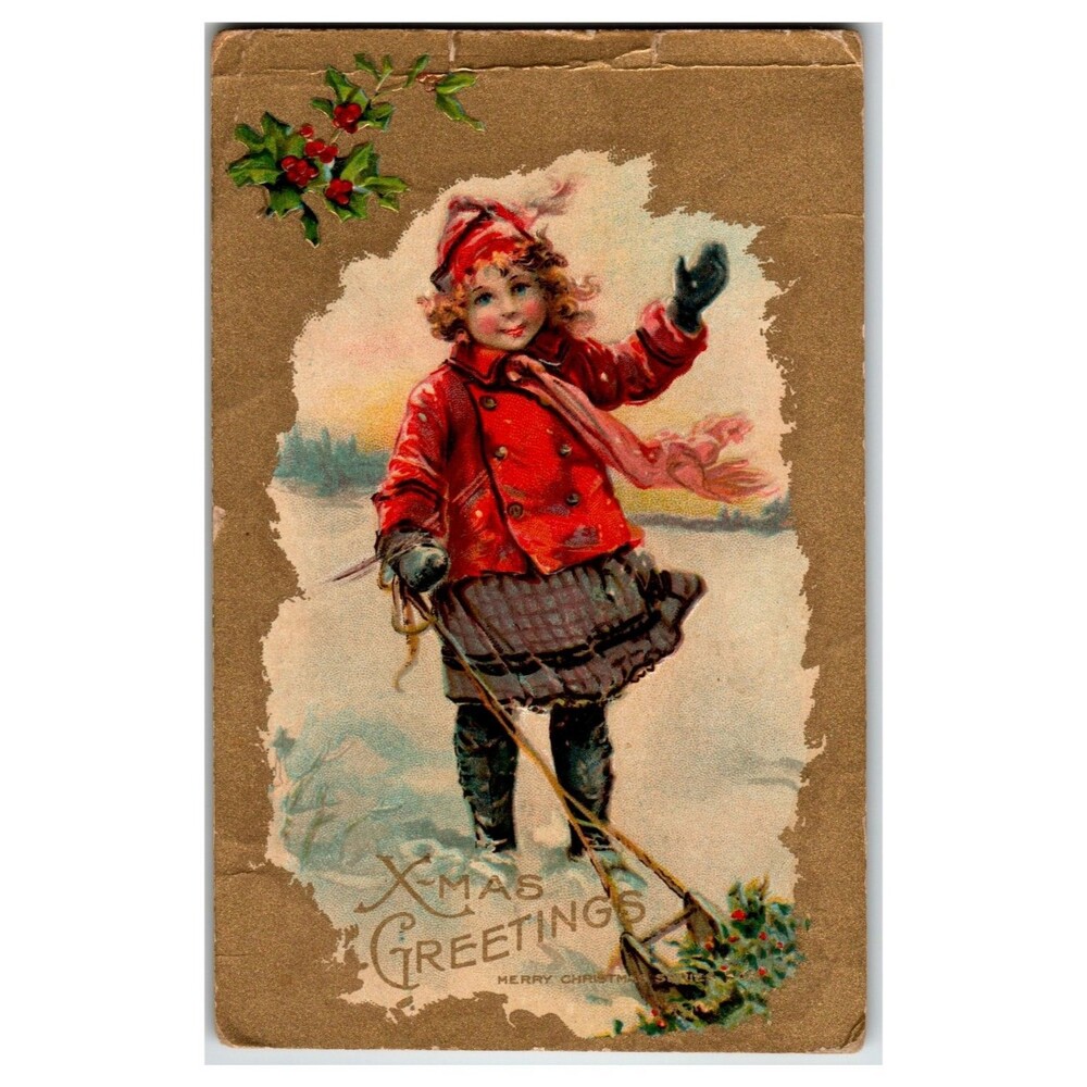 Vintage Christmas Postcard: Girl Waving, Sled, Embossed, 1910 Posted